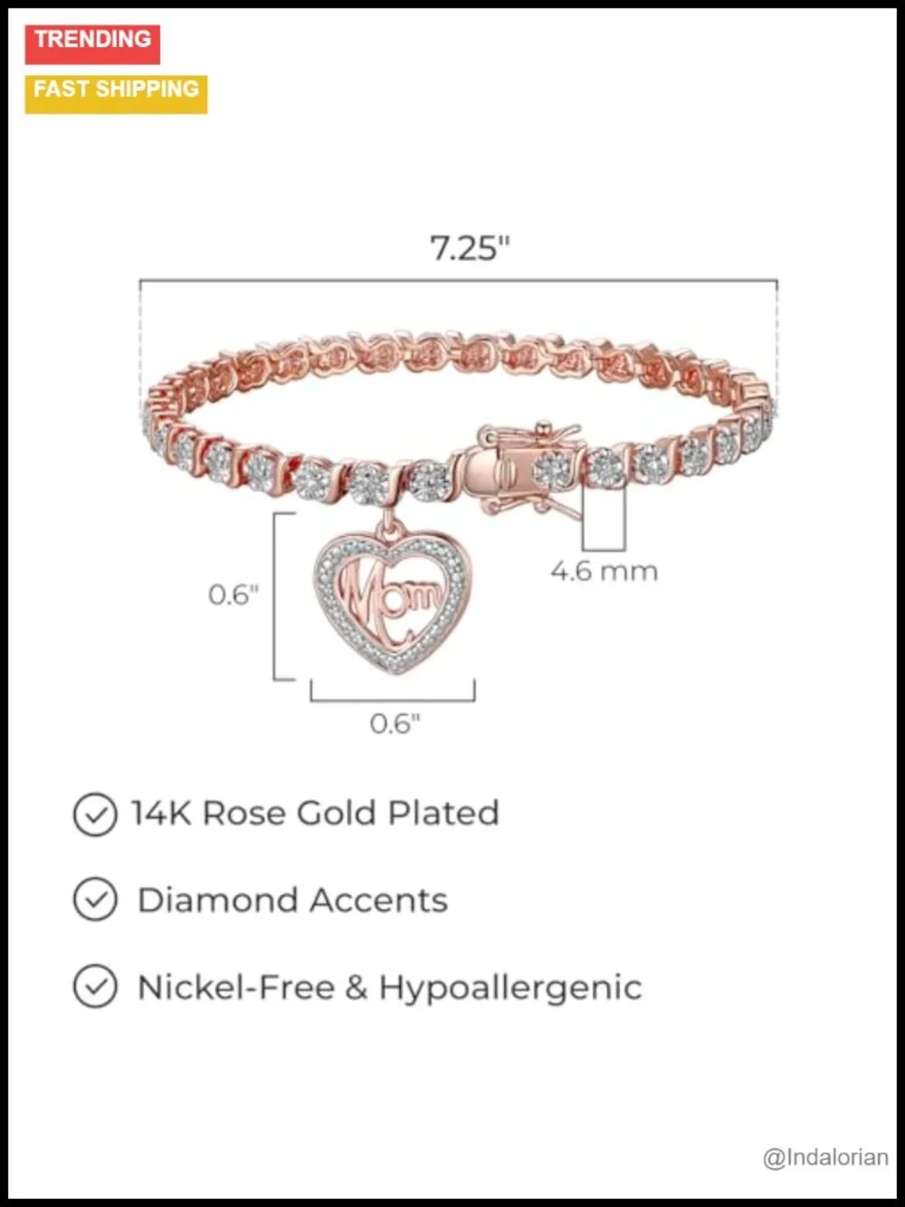 14K Rose Gold Plated Bronze Diamond Accent Mom Charm Bracelet 7.25in